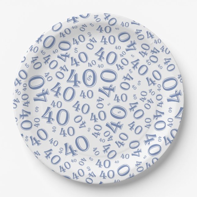Age 40 Random Number Pattern Blue/White Paper Plate (Front)
