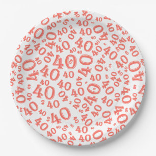 Age 40 Random Number Pattern Coral/White Paper Plate