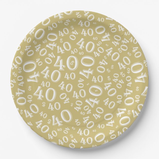 Age 40 Random Number Pattern Gold/White Paper Plate (Front)