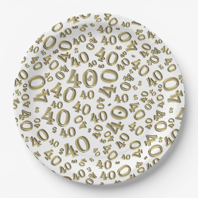 Age 40 Random Number Pattern Gold/White Paper Plate (Front)