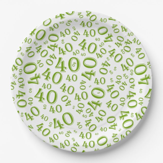 Age 40 Random Number Pattern Green/White Paper Plate (Front)