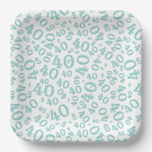 Age 40 Random Number Pattern Teal/White Paper Plate