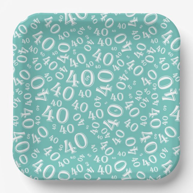 Age 40 Random Number Pattern Teal/White Paper Plate (Front)
