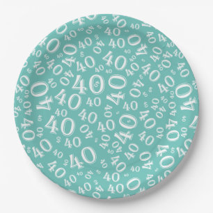 Age 40 Random Number Pattern Teal/White Paper Plate