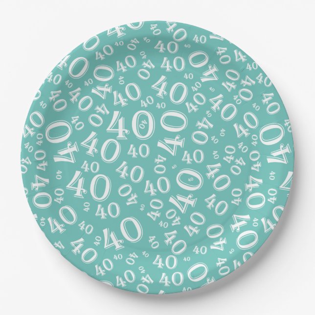 Age 40 Random Number Pattern Teal/White Paper Plate (Front)