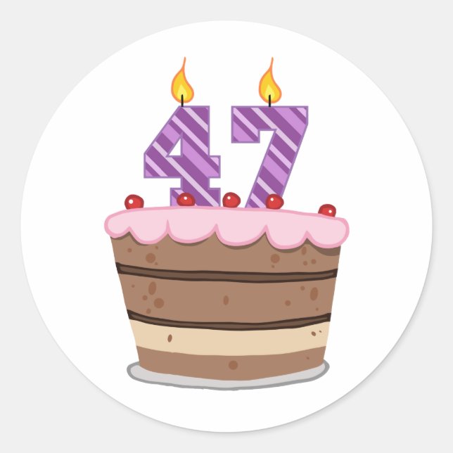 Age 47 on Birthday Cake Classic Round Sticker (Front)