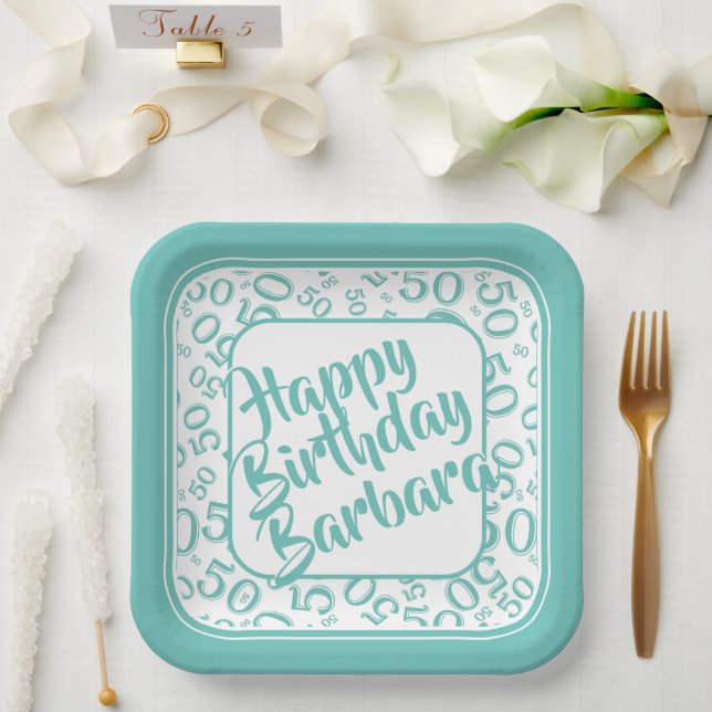 Age 50 Random Number Pattern Teal/White Paper Plate (Wedding)