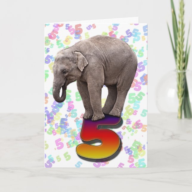 Age 5, a happy elephants birthday card (Front)