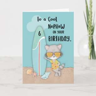 Age 6 Nephew Birthday Beach Funny Cool Raccoon Card