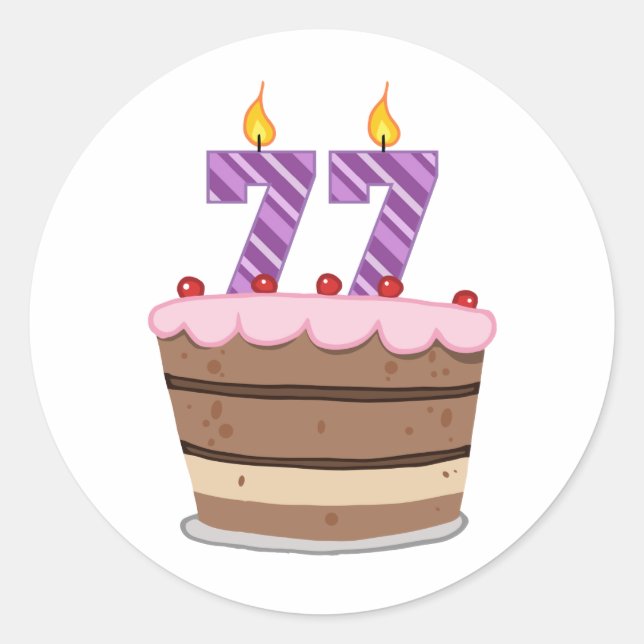 Age 77 on Birthday Cake Classic Round Sticker (Front)