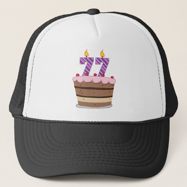 Age 77 on Birthday Cake Trucker Hat (Front)