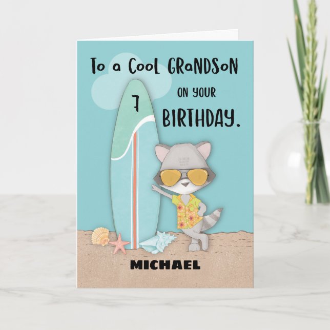 Age 7 Grandson Birthday Beach Funny Cool Raccoon  Card (Front)
