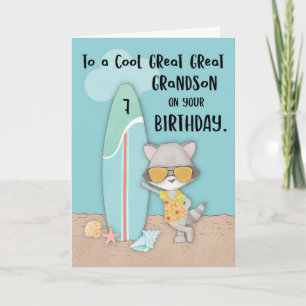 Age 7 Great Great Grandson Birthday Beach Raccoon Card