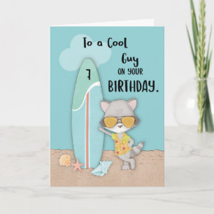 Age 7 Guy Birthday Beach Funny Cool Raccoon  Card