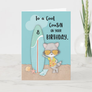 Age 8 Cousin Birthday Beach Funny Cool Raccoon  Card