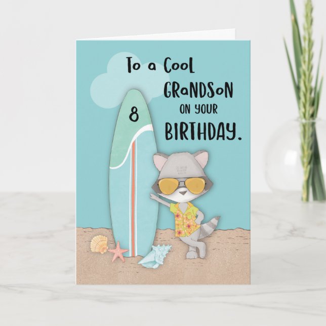 Age 8 Grandson Birthday Beach Funny Cool Raccoon  Card (Front)