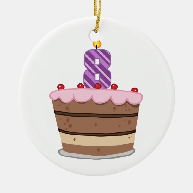Age 8 on Birthday Cake Ceramic Ornament (Front)