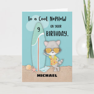Age 9 Nephew Birthday Beach Funny Cool Raccoon Card