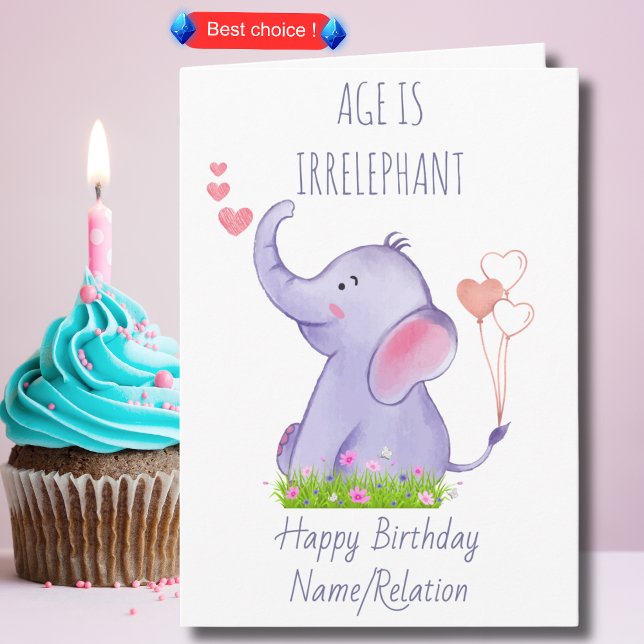 Age is Irrelephant Cute Elephant Funny Birthday Card (Creator Uploaded)