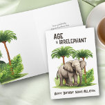 Age is Irrelephant Funny Elephant Happy Birthday Card<br><div class="desc">Funny birthday card lettered with "Age is irrelephant" and your personalized text on the front. Design features a handsome elephant framed with tropical palm trees and jungle greenery. You can personalize the birthday greeting inside and also have the option to add a sign off with your name(s) if you wish....</div>