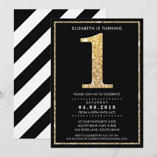 AGE NUMBER INVITE modern 1 gold glitter black (Front/Back)