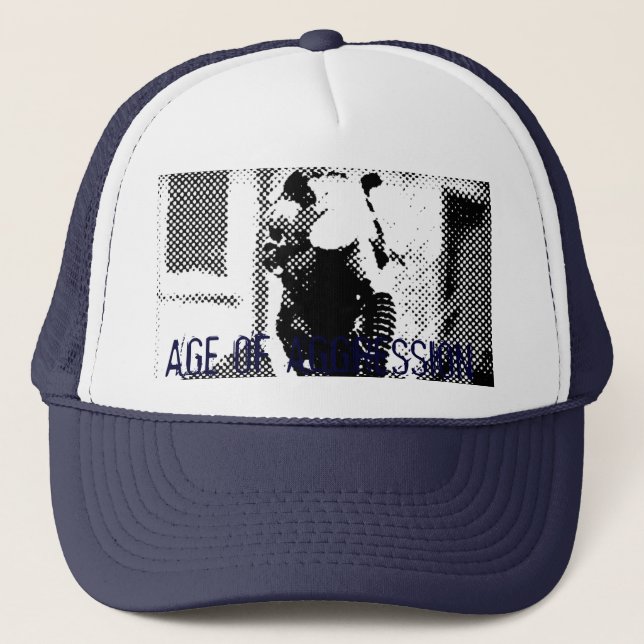 Age of Aggression Gas Mask Blue Trucker Hat (Front)