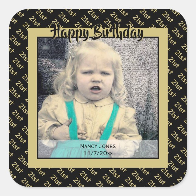 Age, Photo: Birthday Number Pattern Gold/White Squ Square Sticker (Front)