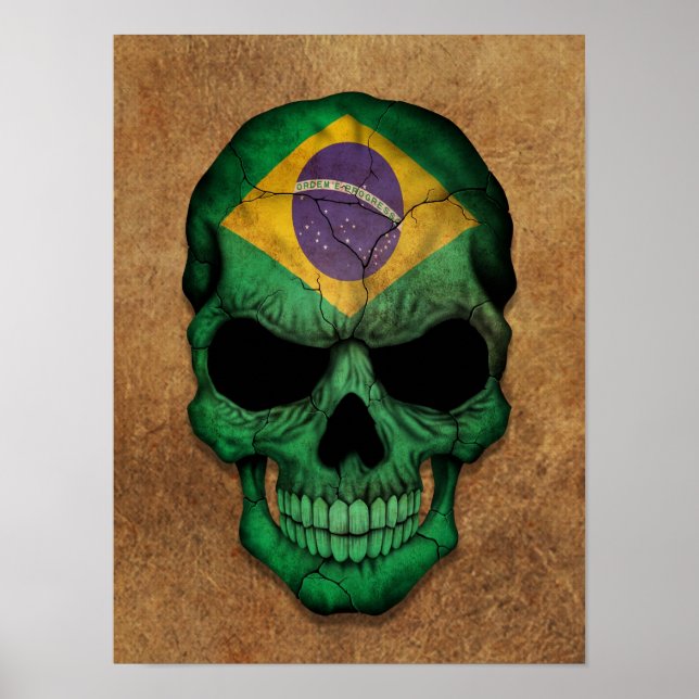 Aged and Worn Brazilian Flag Skull Poster (Front)