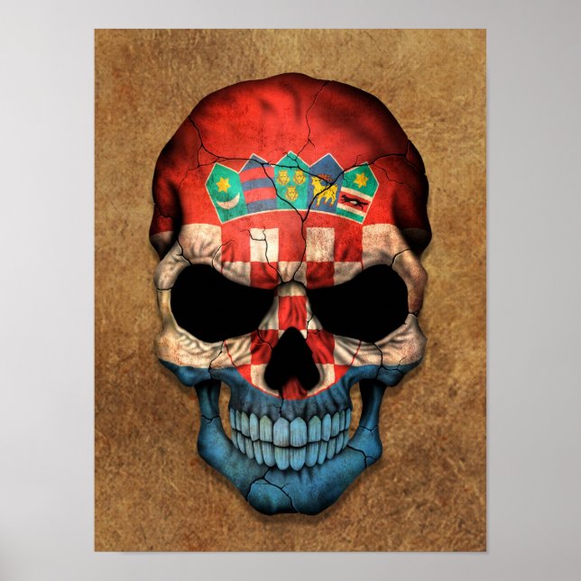 Aged and Worn Croatian Flag Skull Poster (Front)