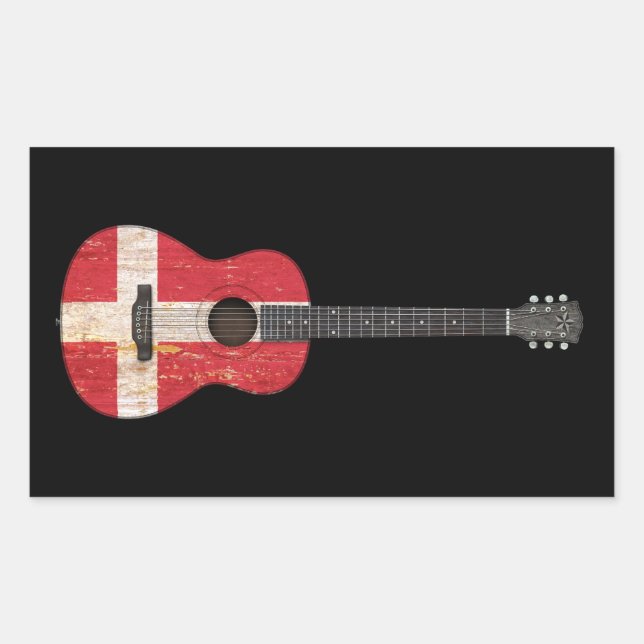 Aged and Worn Danish Flag Acoustic Guitar, black Sticker (Front)