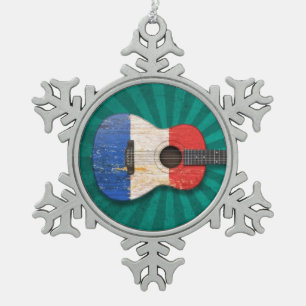 Aged and Worn French Flag Acoustic Guitar, teal Snowflake Pewter Christmas Ornament