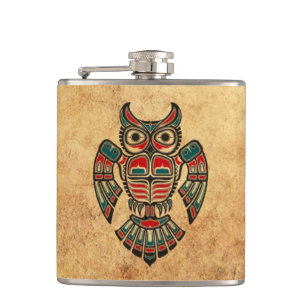 Aged and Worn Haida Spirit Owl Hip Flask