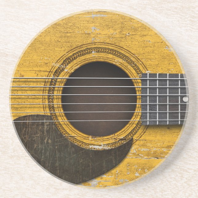 Aged and Worn Old Acoustic Guitar with Pickguard Coaster (Front)