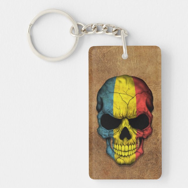 Aged and Worn Romanian Flag Skull Keychain (Front)