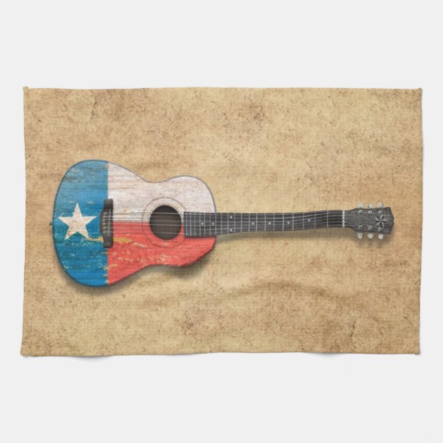 Aged and Worn Texas Flag Acoustic Guitar Kitchen Towel (Horizontal)