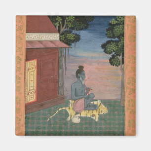 Aged ascetic seated on a tiger skin outside a buil magnet