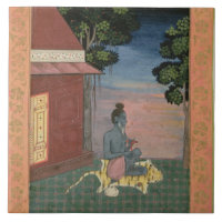 Aged ascetic seated on a tiger skin outside a buil
