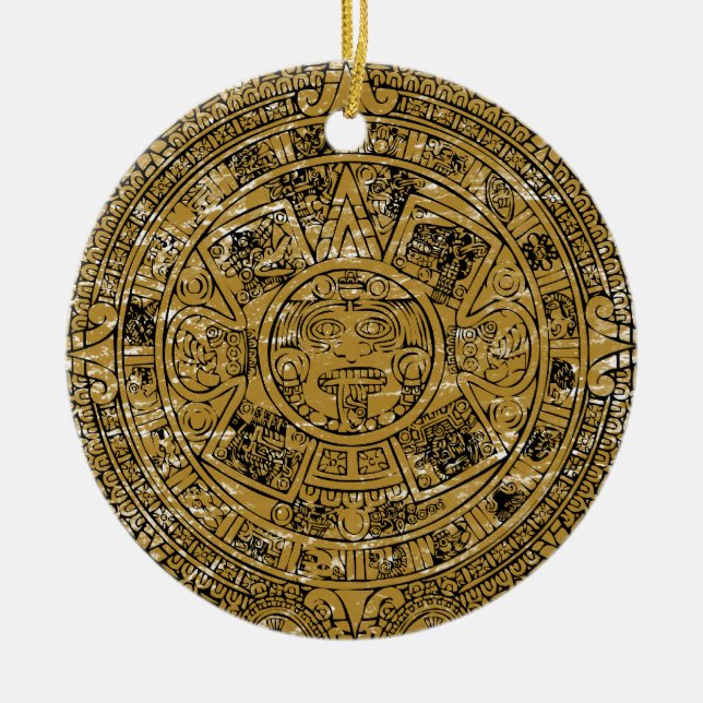 Aged Aztec Sun Stone Calendar Ceramic Ornament (Front)
