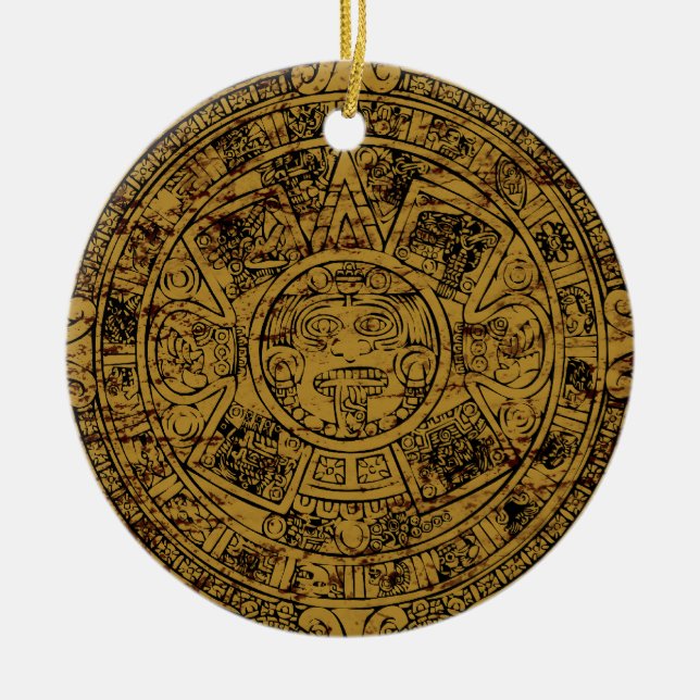 Aged Aztec Sun Stone Calendar Ceramic Ornament (Front)