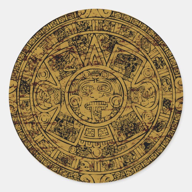 Aged Aztec Sun Stone Calendar Classic Round Sticker (Front)