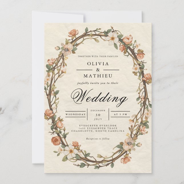 Aged Bloom Oval Floral Wedding Invitation (Front)