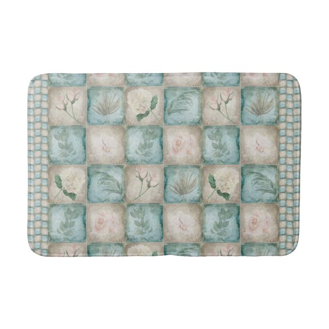 Aged Botanical Tile - Aqua and Bone Bath Mat (Front)