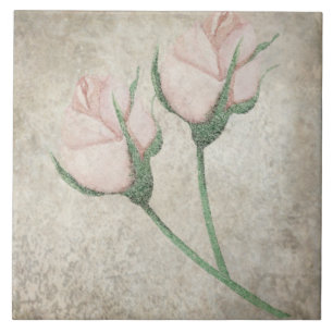 Aged Botanical Tile - Aqua and Bone V4