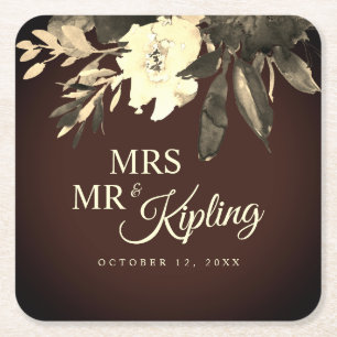 Aged Brown Dried Fall Florals Wedding Square Paper Coaster