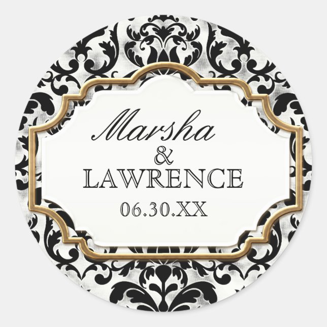 Aged Distressed Damask Golden Bling Look Wedding Classic Round Sticker (Front)