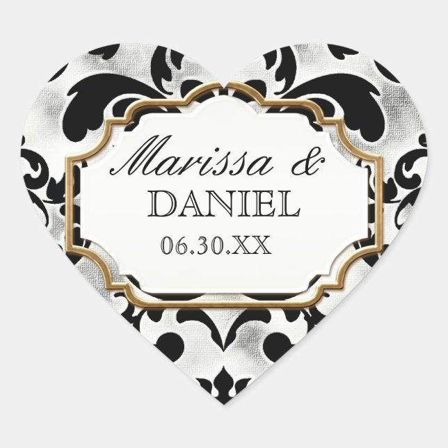 Aged Distressed Damask Golden Bling Look Wedding Heart Sticker (Front)
