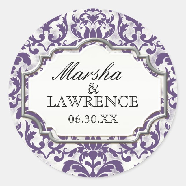 Aged Distressed Damask Silver Bling Look Wedding Classic Round Sticker (Front)