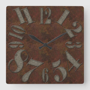 Aged Embossed Metal Large Numbers Rusty Background Square Wall Clock