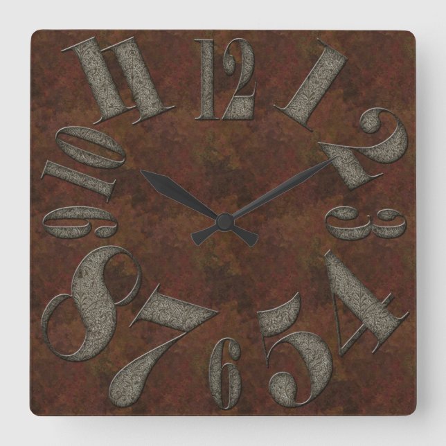 Aged Embossed Metal Large Numbers Rusty Background Square Wall Clock (Front)