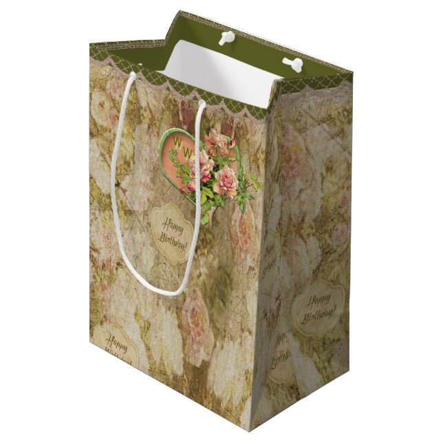 Aged Faded Victorian Rose - Birthday - Personalize Medium Gift Bag (Front Angled)